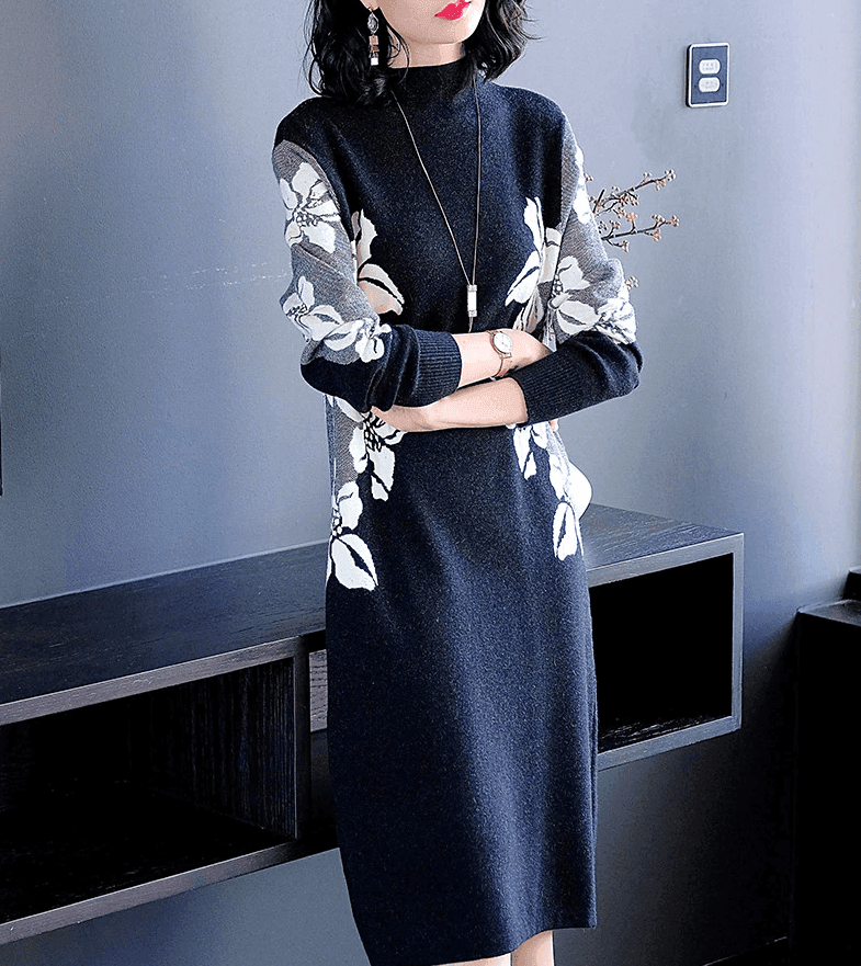 שמלת סריג אותנטית בגיזרה מחמיאה בשילוב פרחים צהובים מרהיבים ללוק משובח - לה איסלה