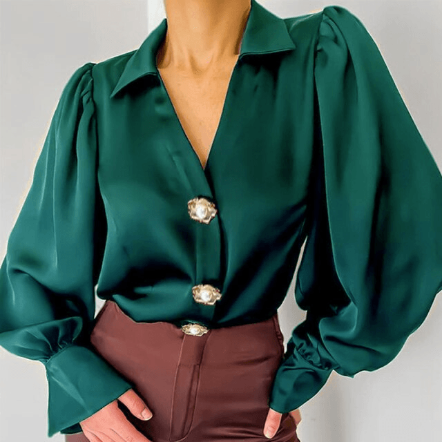 חולצת סטאן מרשימה בשרוולים תפוחים ואלגנטים בשילוב כפתורי וינטאג' מושלמים - לה איסלה 