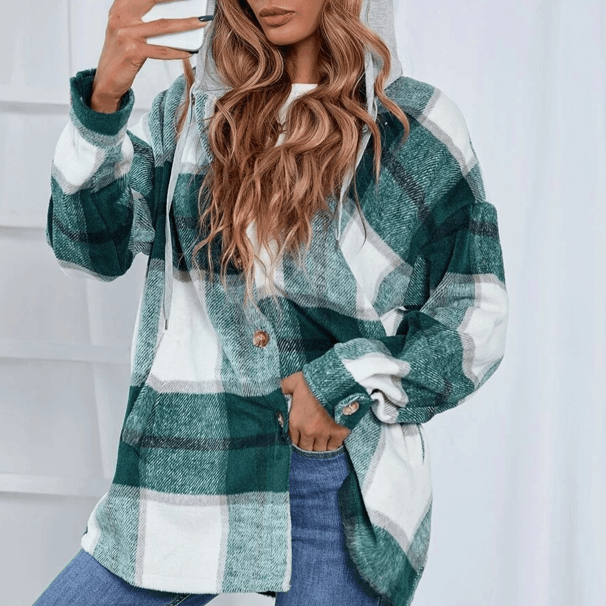 עליונית פלאנל משובצת עם כיסים בשילוב כובע ברדס להופעה אופנתית וללוק מושך - לה איסלה