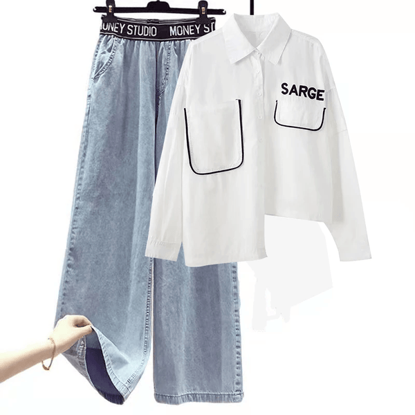סט מקסים של מכנס דמוי ג'ינס אלסטי בשילוב מכופתרת לבנה אסימטרית ללוק מושלם - לה איסלה 