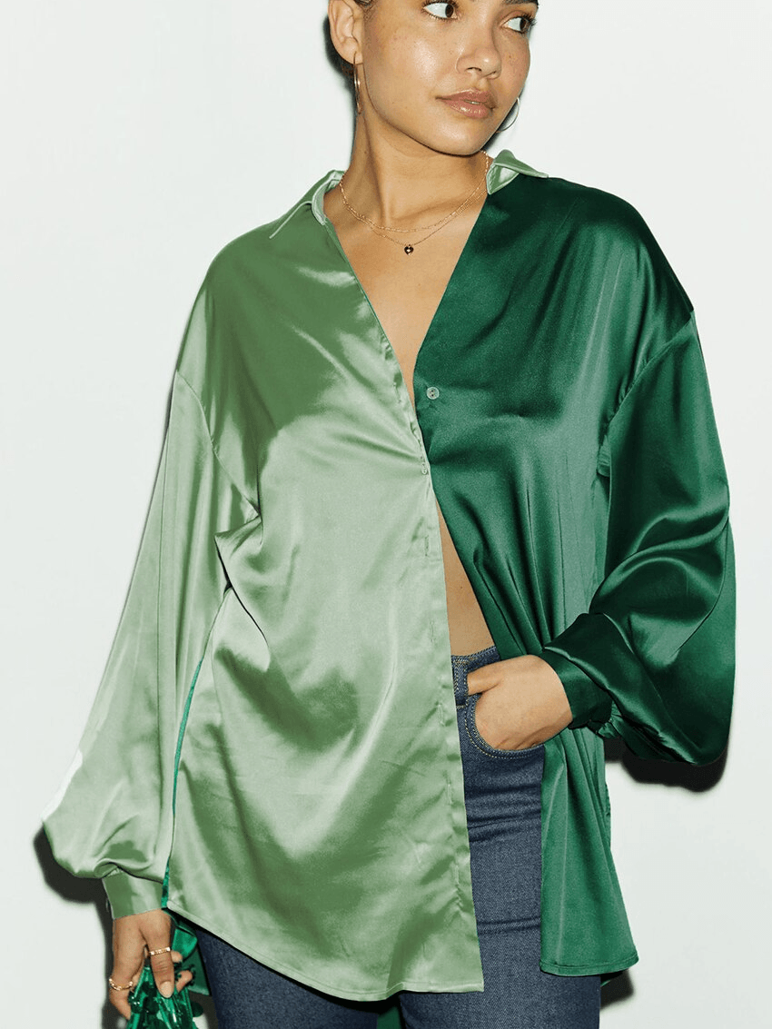 חולצת סטאן ירוקה בגיזרת בוייפרנד רחבה בסיגנון של שני צבעים ללוק נשי מושלם - לה איסלה 
