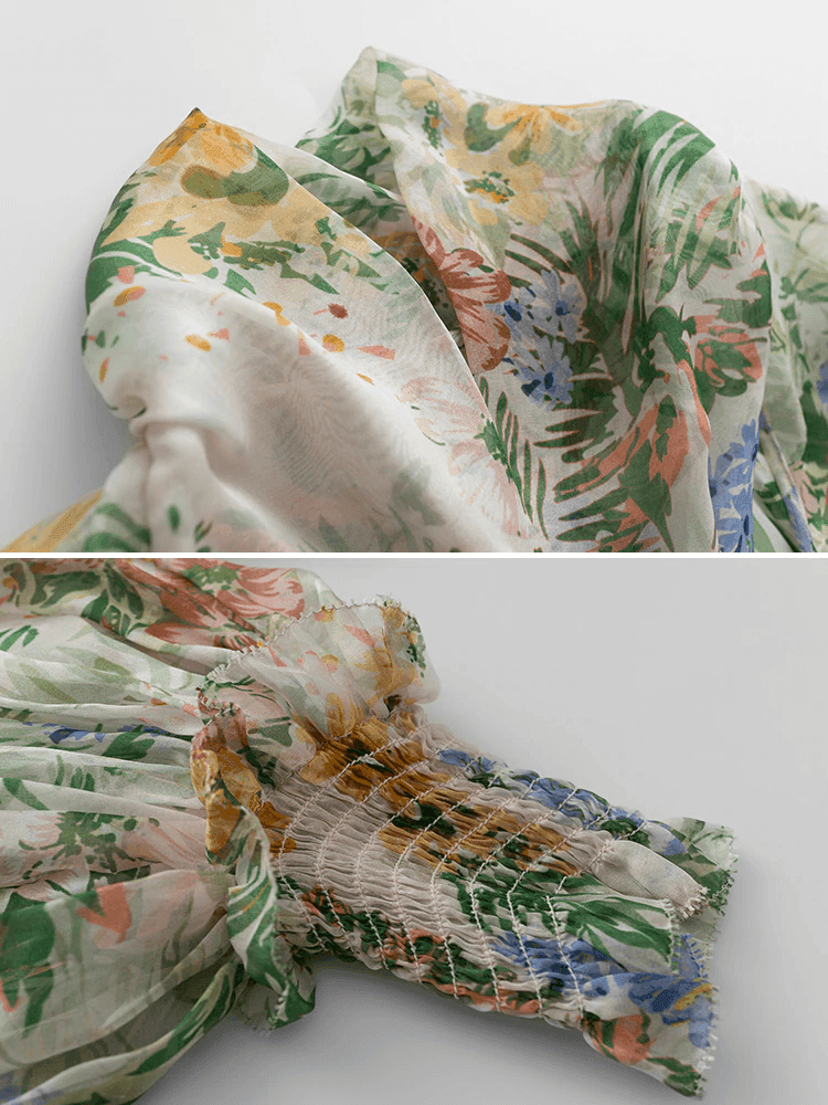 חולצת שיפון שקופה ועדינה של מעצב בגימור נשי של פרחים עדינים ללוק רך ונוגע - לה איסלה