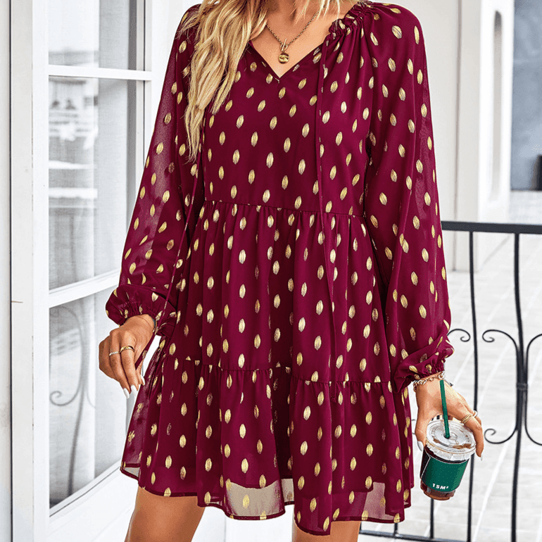 שמלת לוס מהממת בגיזרה משגעת עם נקודות מוזהבות מאירופה ללוק נשי שקולע למטרה - לה איסלה