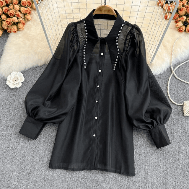 חולצת שיפון מכופתרת עם דיטלים מושלמים בצווארון של אבני קריסטל להופעה מהפנטת - לה איסלה