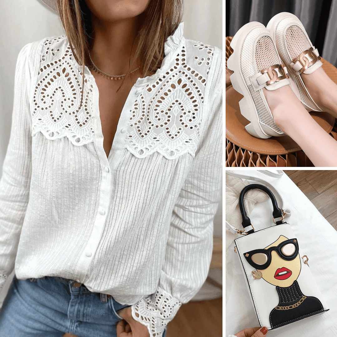 חולצה מכופתרת בסיגנון רך ומזמין בשילוב דנטל אופנתי מרשים להופעה נשית כריזמתית - לה איסלה