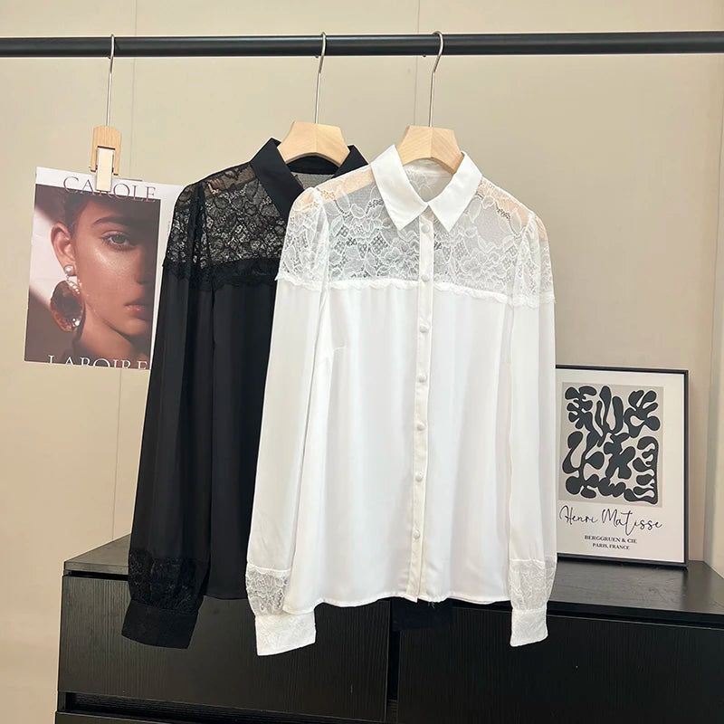 חולצה מכופתרת בסיגנון רך ומזמין בשילוב תחרה להופעה נשית כריזמתית