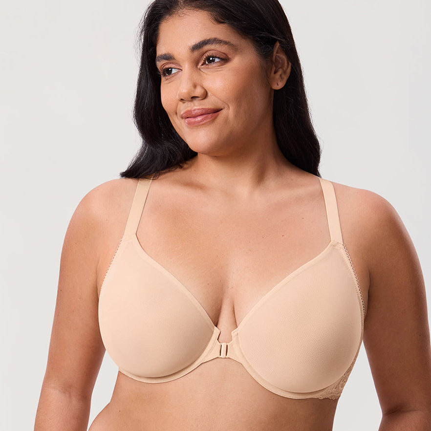 חזיית עצם בסגירה קידמית פרקטית בגימור דנטל תחרה ובשילוב איקס אופנתי בגב